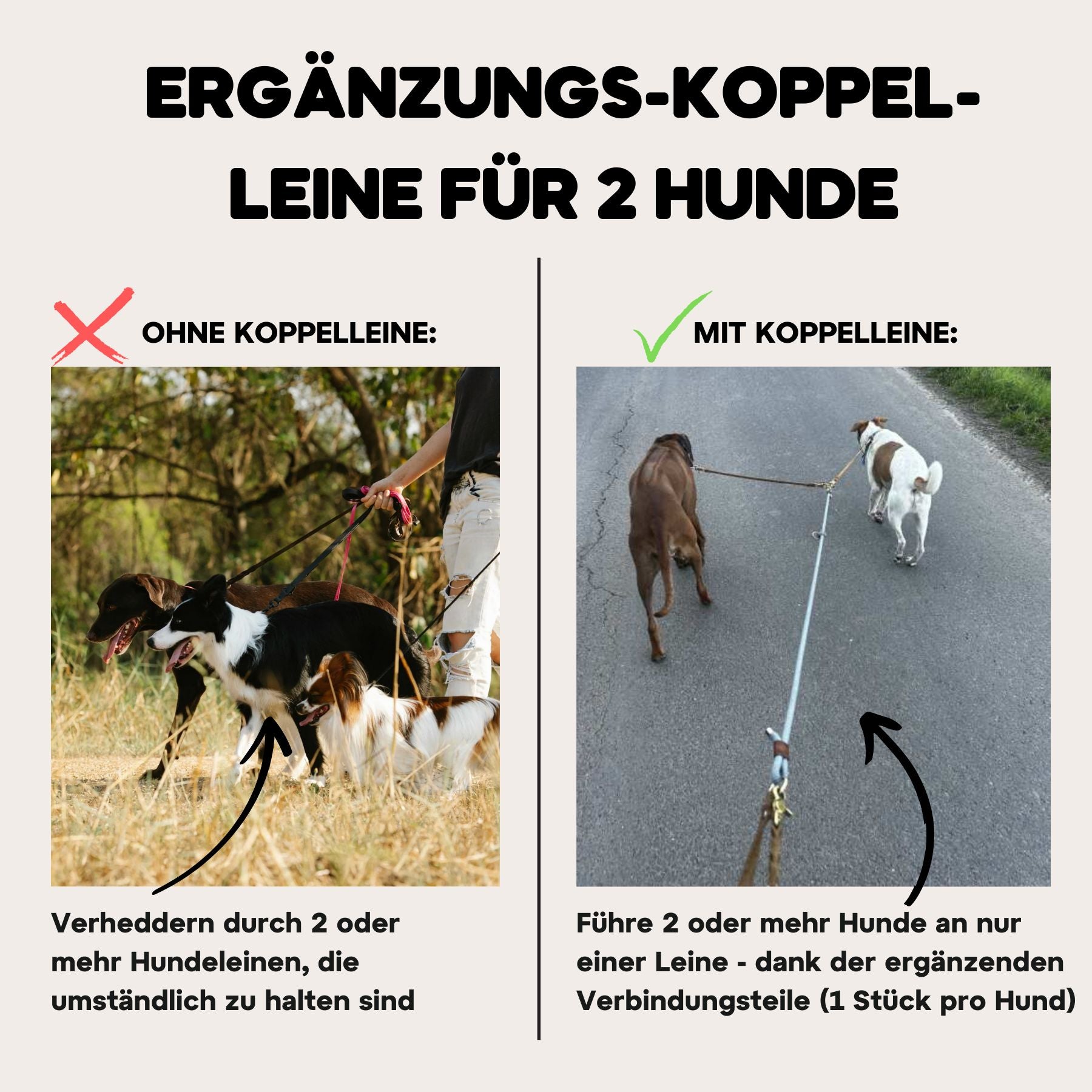 Komplett-Set | 2 Stück Verbindungsteile aus Leder inkl. Ring - für 2 Hunde an einer Leine