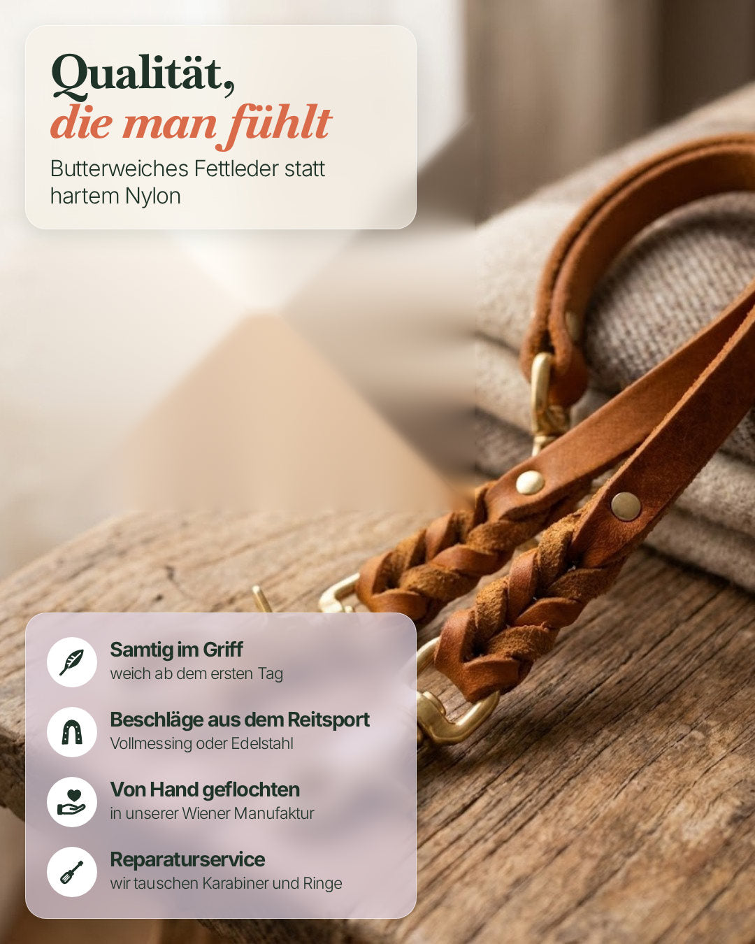 Verbindungsteil aus butterweichem, geflochtenem Fettleder mit Beschlägen aus dem Reitsport