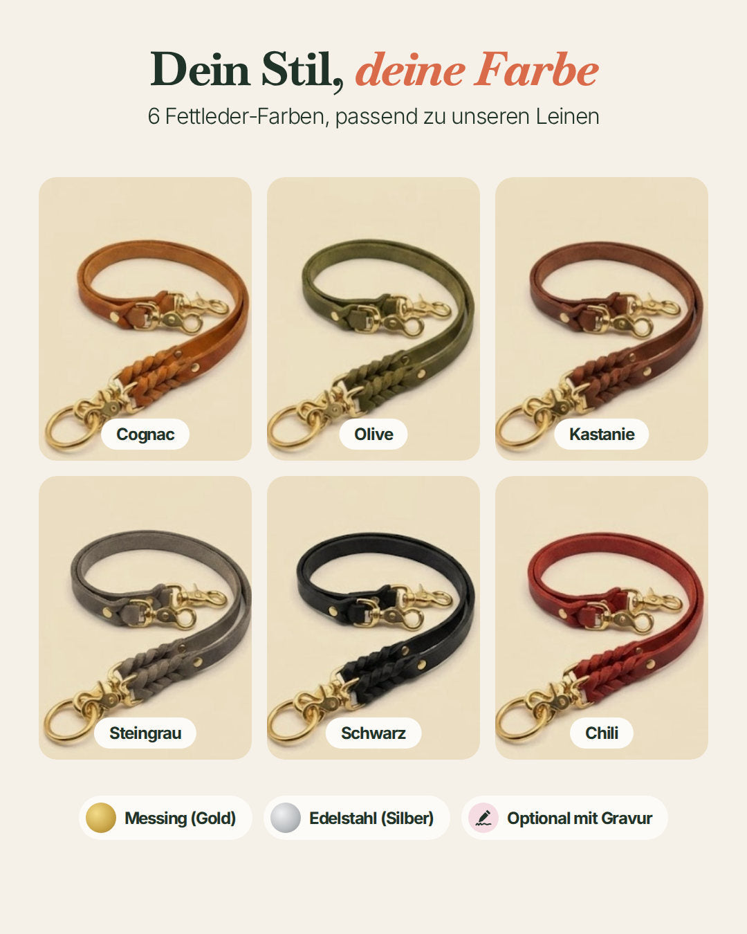 Verbindungsteile aus Leder in 6 Farben: Cognac, Olive, Kastanie, Steingrau, Schwarz, Chili