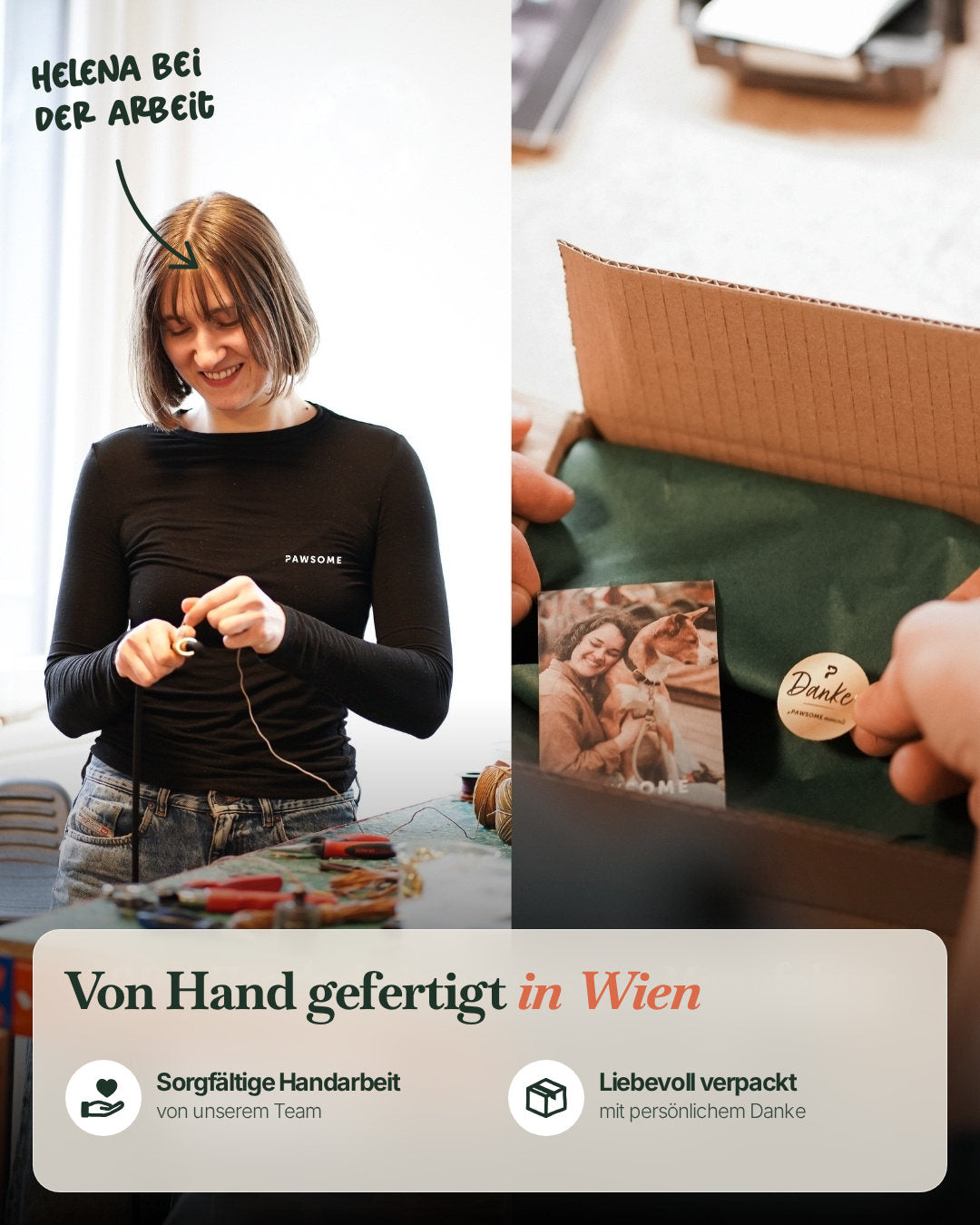 Helena fertigt in der Pawsome-Werkstatt in Wien eine Hundeleine und verpackt die Bestellung