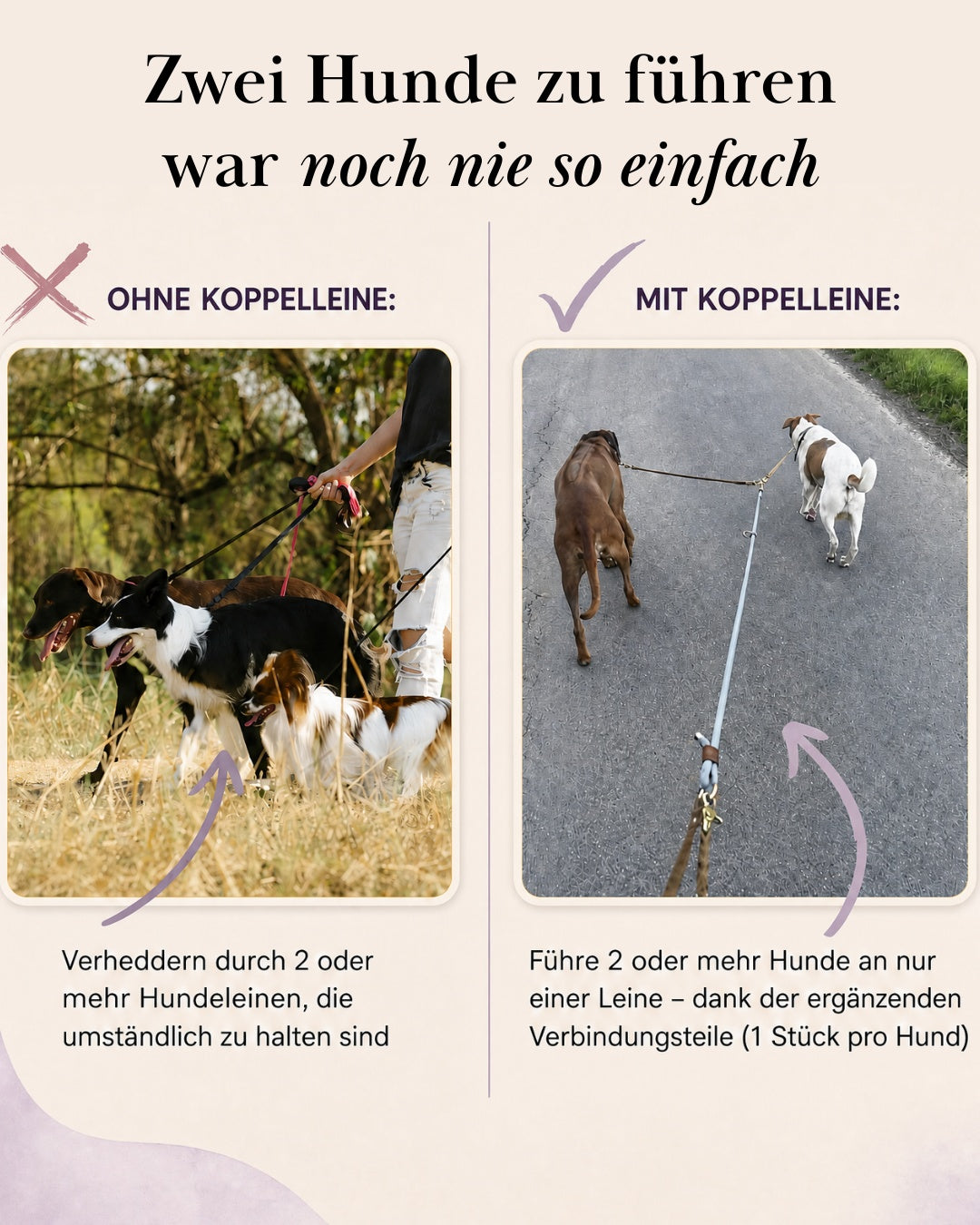 Komplett-Set | 2 Stück Verbindungsteile aus Leder inkl. Ring - für 2 Hunde an einer Leine